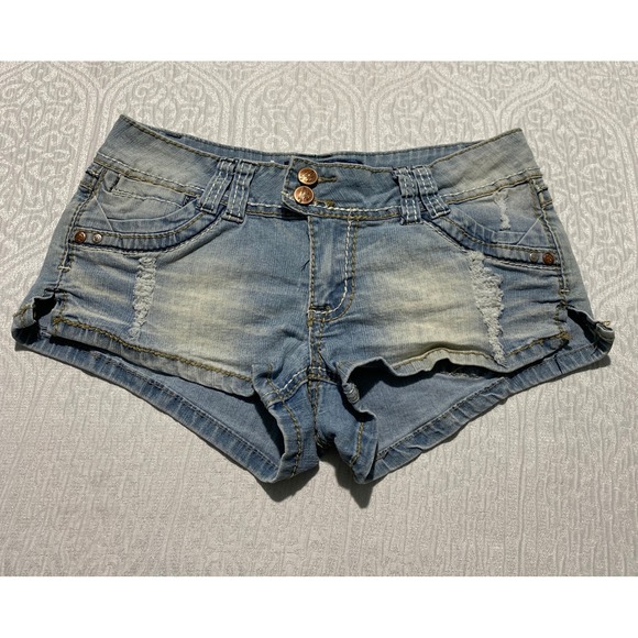 Angels Y2K Low Rise Denim Shorts Light Wash Distressed Blue Juniors Size 7 - Picture 2 of 8